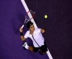 Roger Federer bir hizmet vurmak için hazırlanıyor